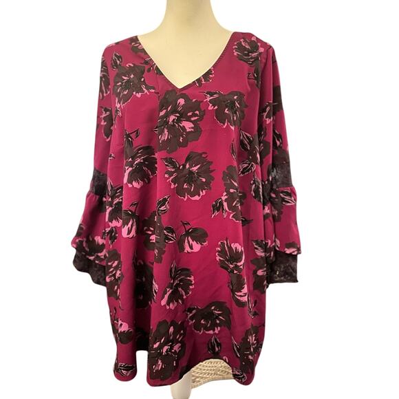 Lane Bryant Tops - Lane Bryant Floral Top with Lace Sleeves, Berry Pink, Plus Size 18/20